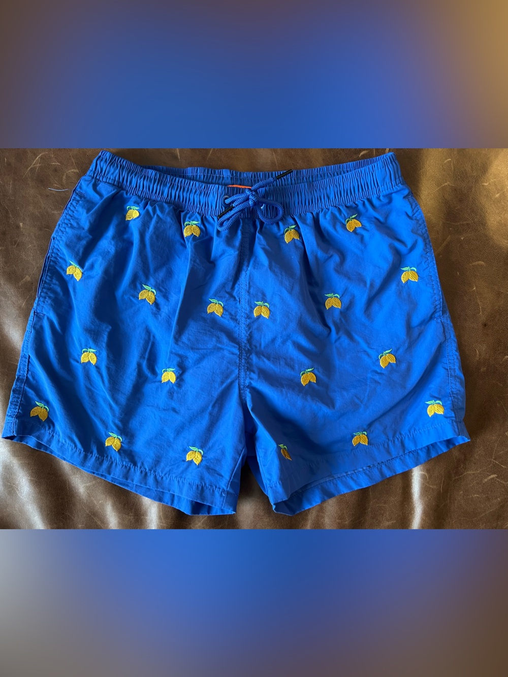 Men's Royal Blue Swim Trunks with Yellow Lemon Motif